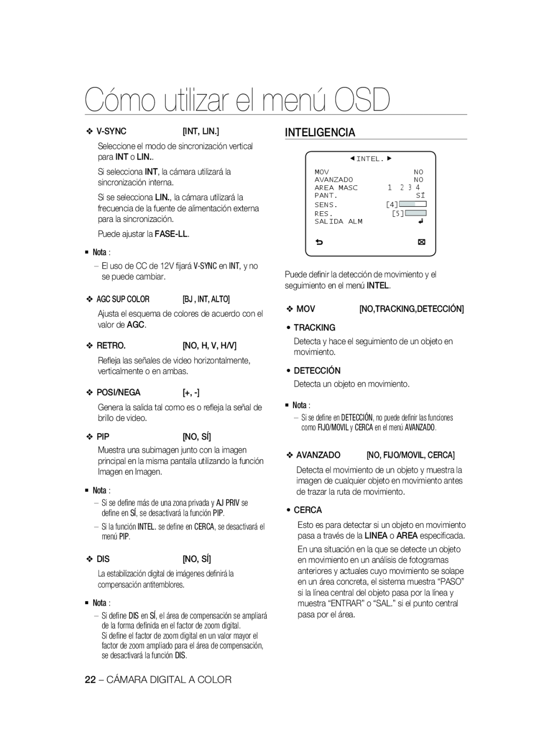 Samsung SCC-A2333P, SCC-A2033P manual Inteligencia, Cómo utilizar el menú OSD 