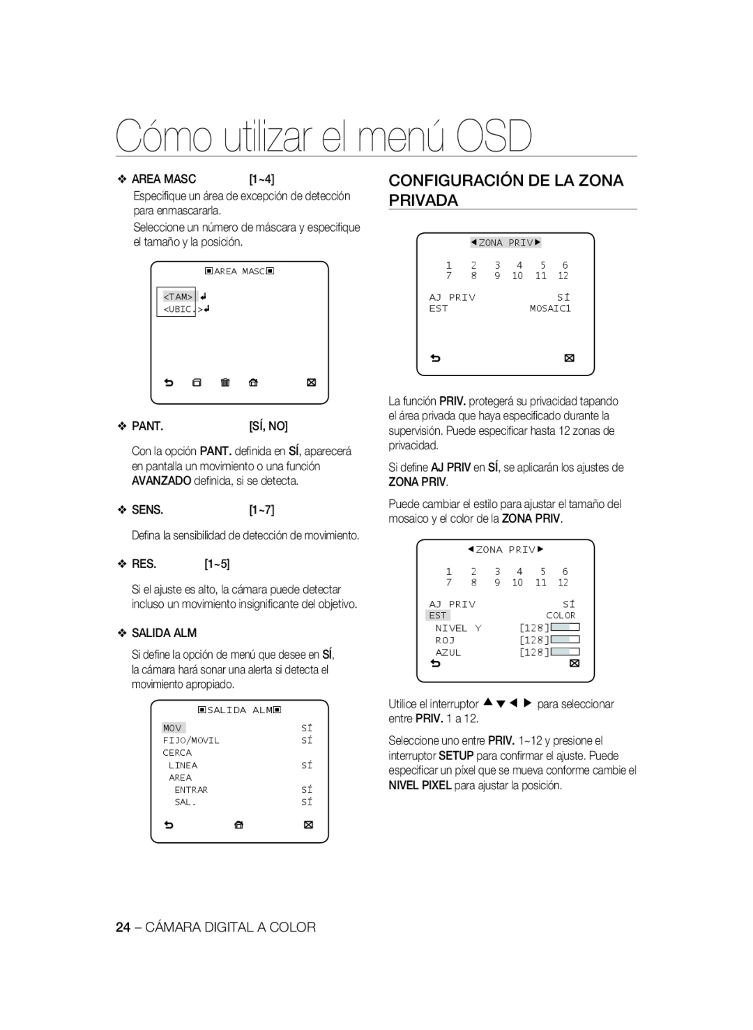 Samsung SCC-A2333P, SCC-A2033P manual Configuración De La Zona Privada, Cómo utilizar el menú OSD 