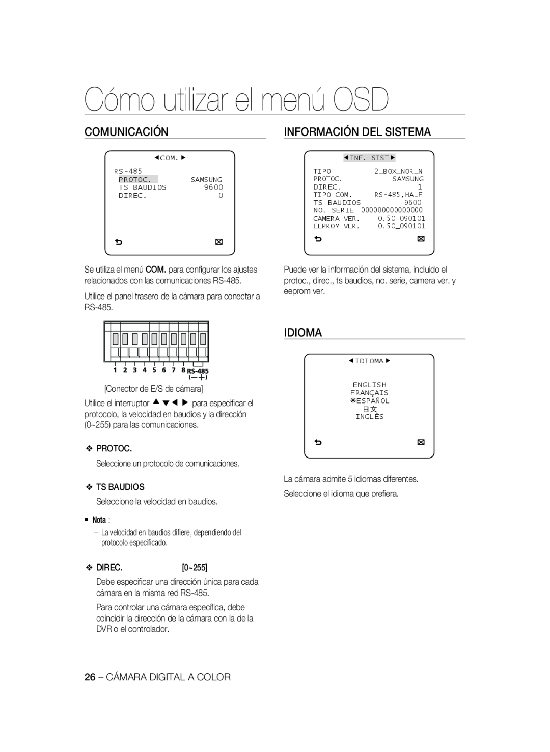 Samsung SCC-A2333P Comunicación, Información Del Sistema, Idioma, Cómo utilizar el menú OSD, Conector de E/S de cámara 