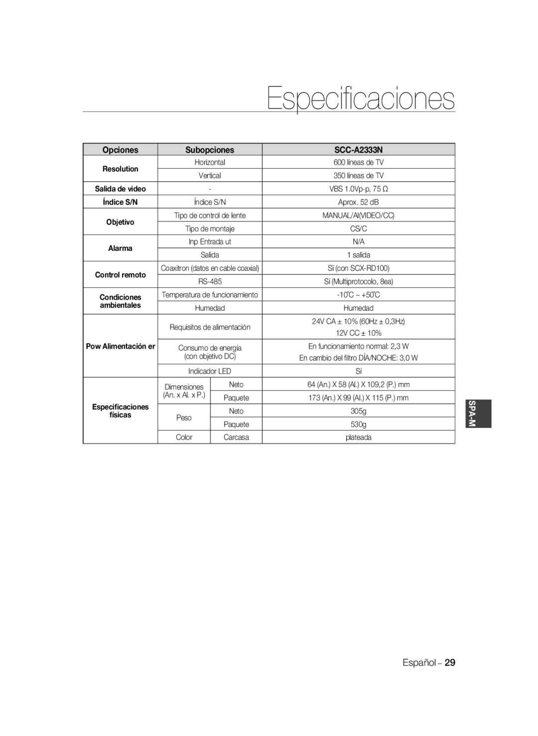 Samsung SCC-A2033P, SCC-A2333P manual Especiﬁcaciones, Subopciones, Opciones, SCC-A2333N, ambientales, Spa-M 