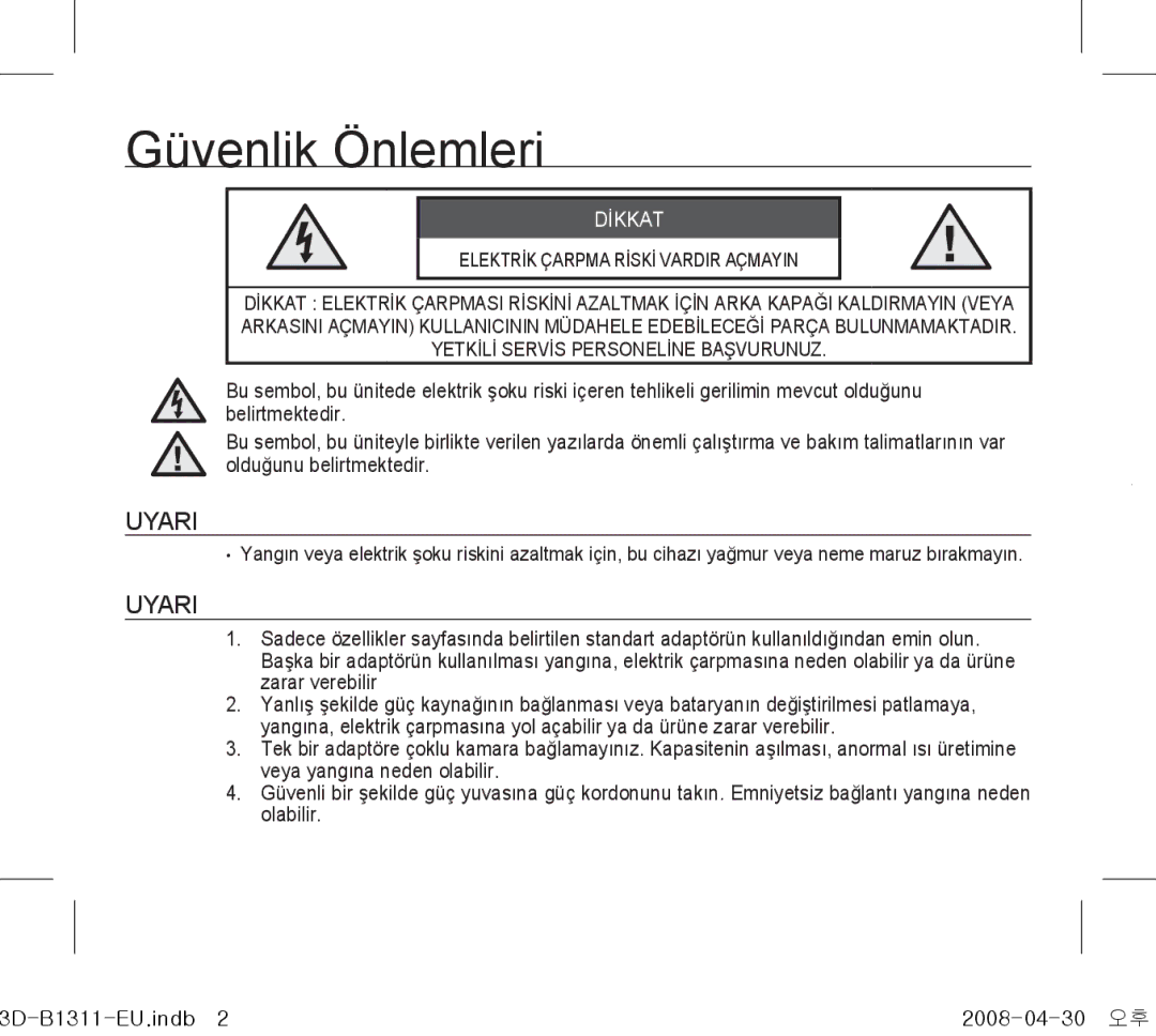 Samsung SCC-B1311P, SCC-B1331P, SCC-B1011P/TRK, SCC-B1311N manual Güvenlik Önlemleri, Dİkkat 