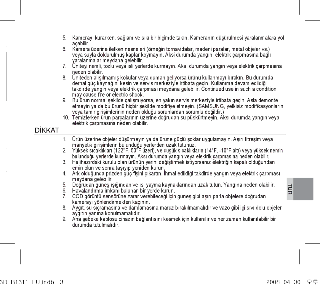 Samsung SCC-B1011P/TRK, SCC-B1331P, SCC-B1311P, SCC-B1311N manual Dİkkat 