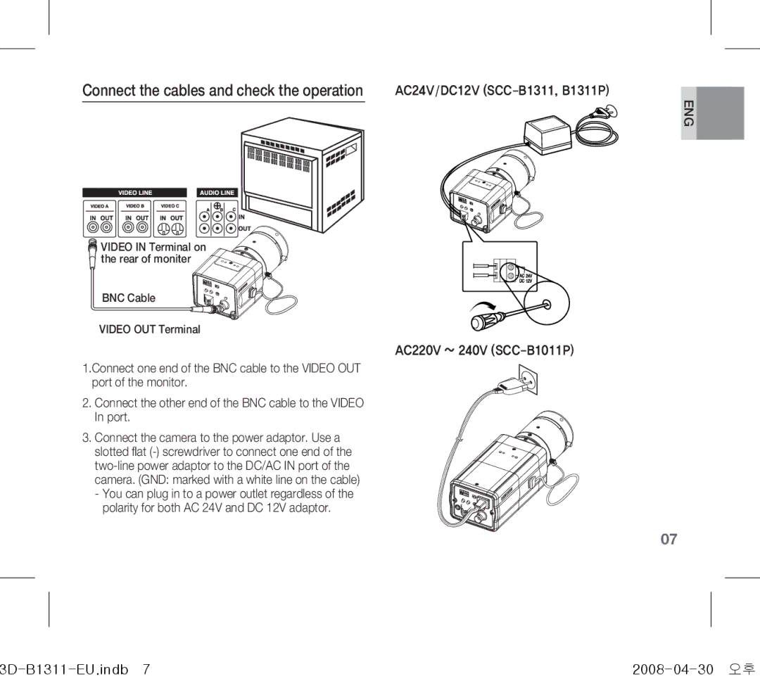 Samsung SCC-B1011P/TRK, SCC-B1331P, SCC-B1311P, SCC-B1311N manual AC24V/DC12V SCC-B1311, B1311P AC220V ~ 240V SCC-B1011P 