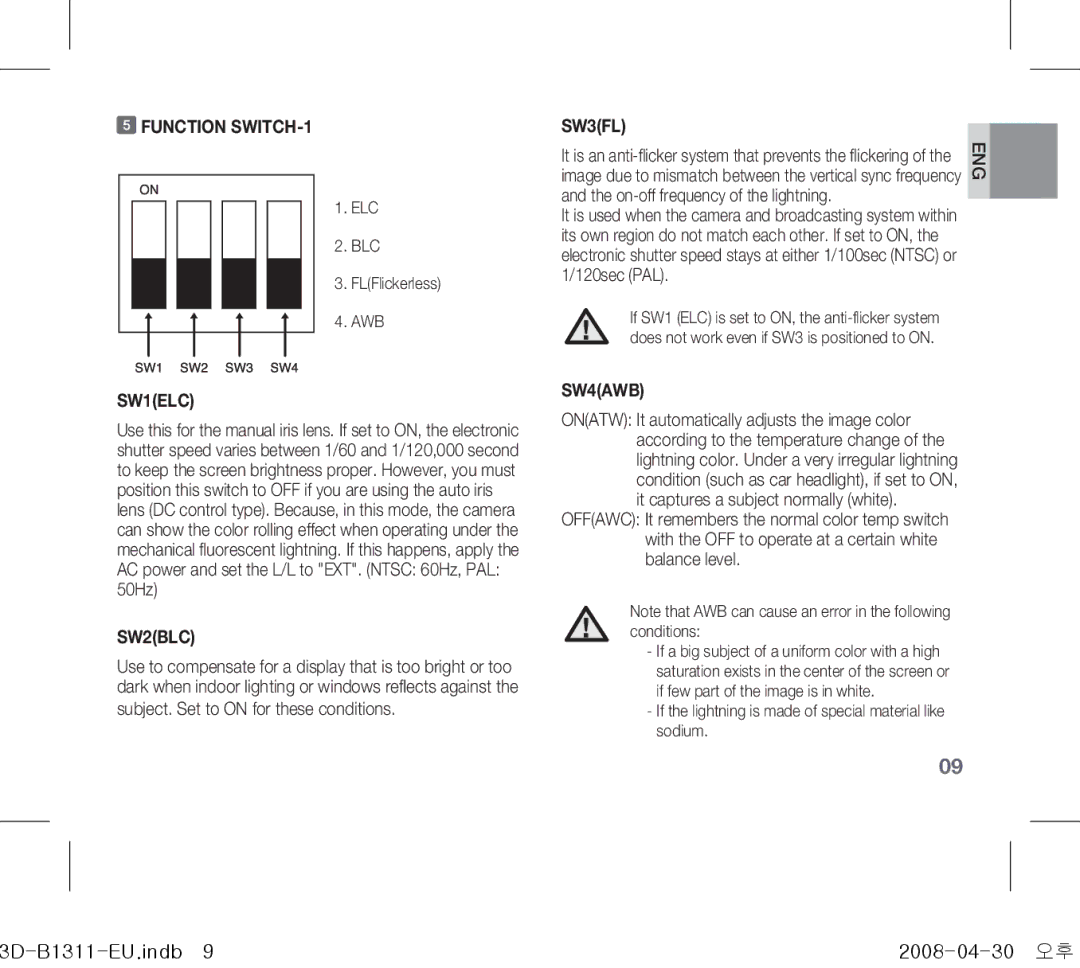 Samsung SCC-B1331P, SCC-B1311P, SCC-B1011P/TRK, SCC-B1311N manual Function SWITCH-1, SW3FL, SW1ELC, SW2BLC, SW4AWB 