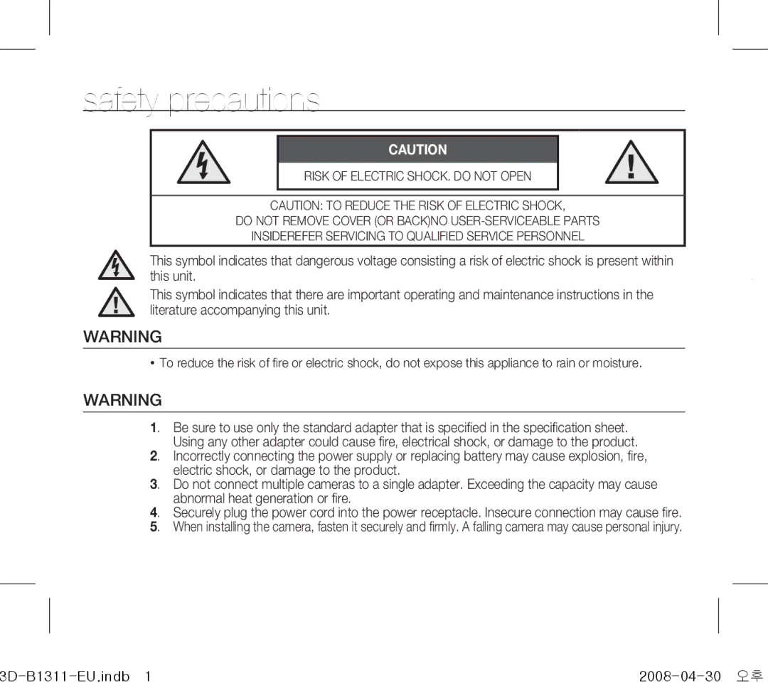 Samsung SCC-B1311P, SCC-B1331P, SCC-B1011P/TRK, SCC-B1311N manual Safety precautions 