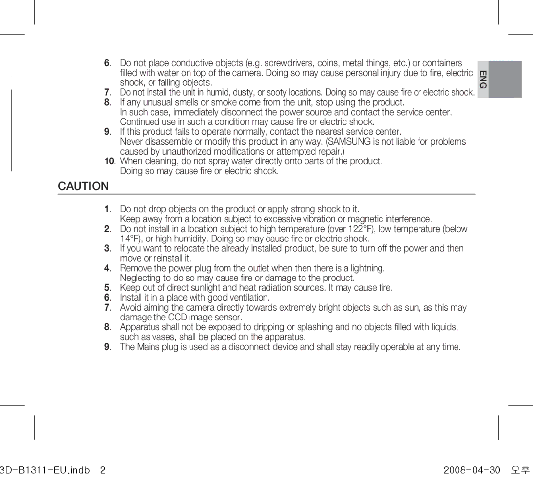 Samsung SCC-B1011P/TRK, SCC-B1331P, SCC-B1311P, SCC-B1311N manual Eng 