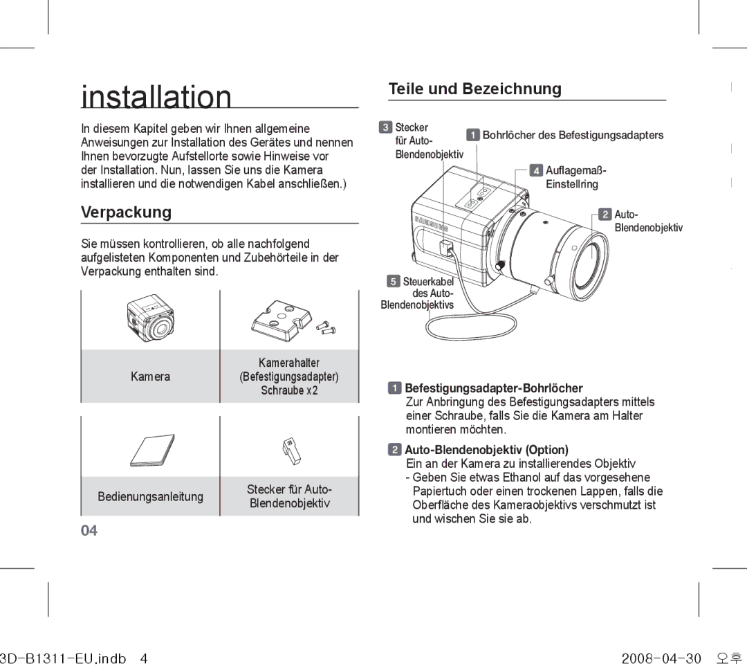 Samsung SCC-B1011P manual Verpackung, Teile und Bezeichnung, Befestigungsadapter-Bohrlöcher, Auto-Blendenobjektiv Option 