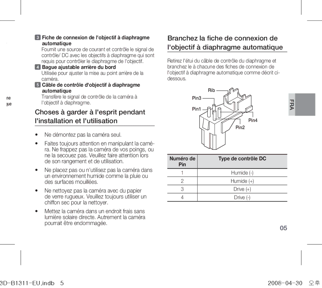 Samsung SCC-B1331P, SCC-B1011P Fiche de connexion de lobjectif à diaphragme Automatique, Bague ajustable arrière du bord 