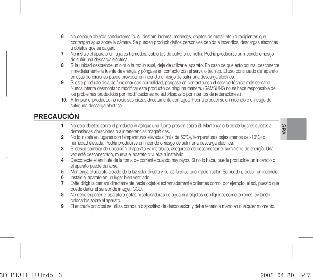 Samsung SCC-B1011P/TRK, SCC-B1331P manual Demasiadas vibraciones o a interferencias magnéticas, El aparato puede dañarse 