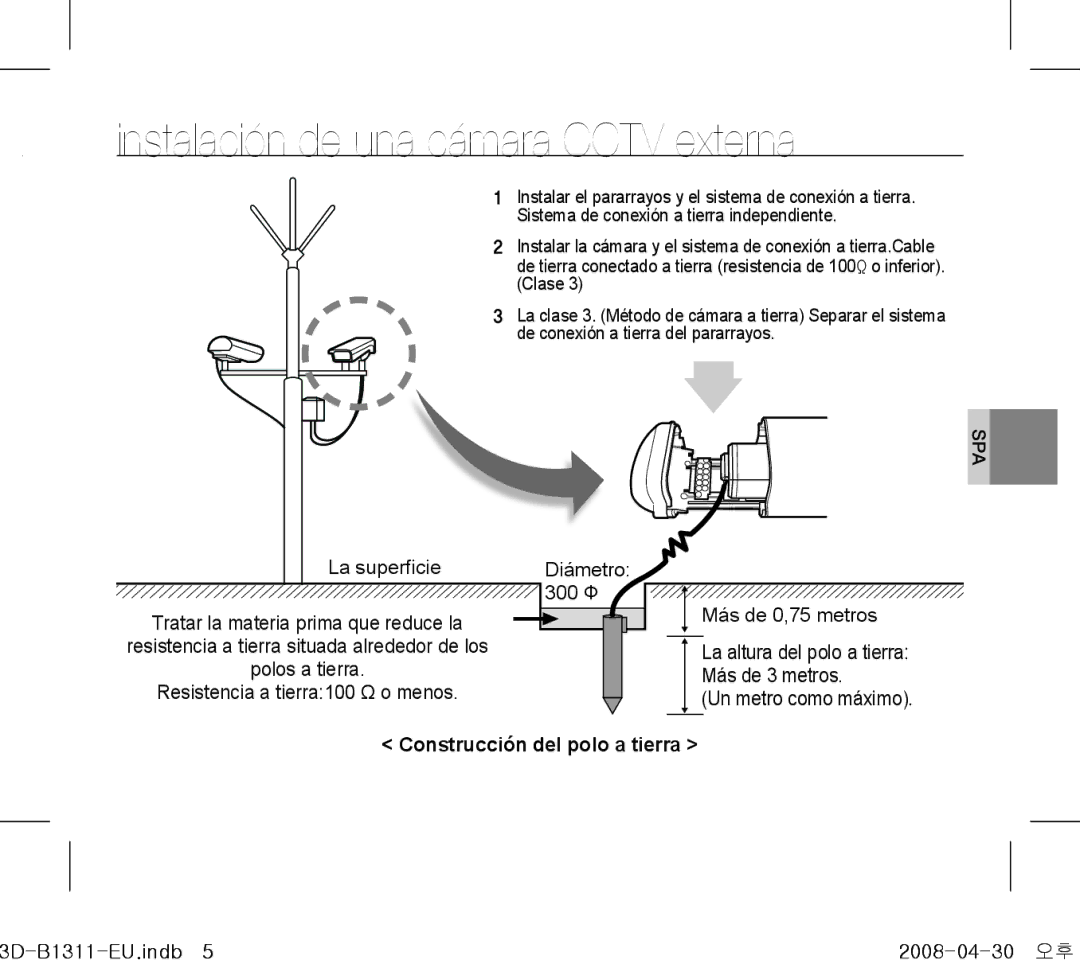 Samsung SCC-B1011P, SCC-B1331P, SCC-B1311P manual Instalación de una cámara Cctv externa, Construcción del polo a tierra 