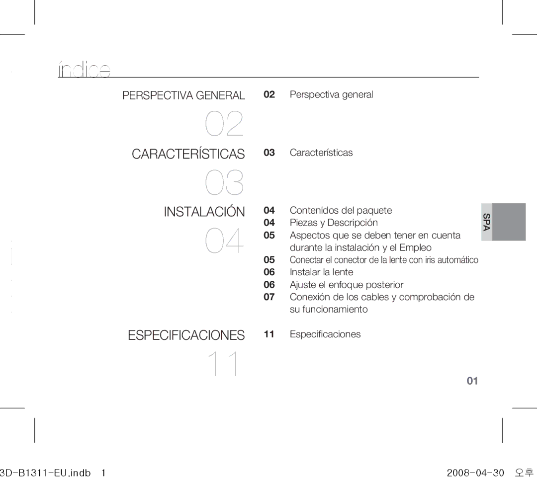 Samsung SCC-B1311P, SCC-B1331P, SCC-B1011P/TRK, SCC-B1311N manual Índice, Perspectiva general 