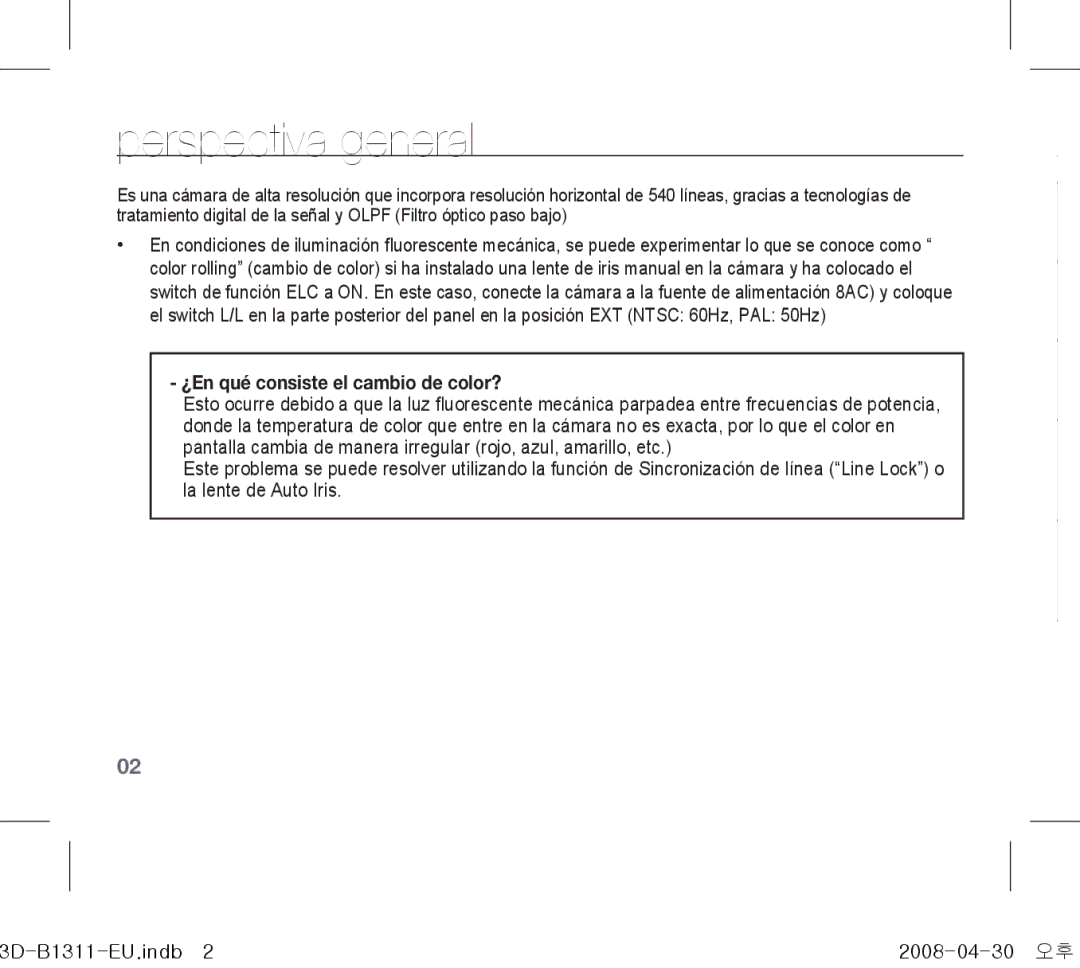 Samsung SCC-B1011P/TRK, SCC-B1331P, SCC-B1311P, SCC-B1311N manual Perspectiva general, ¿En qué consiste el cambio de color? 