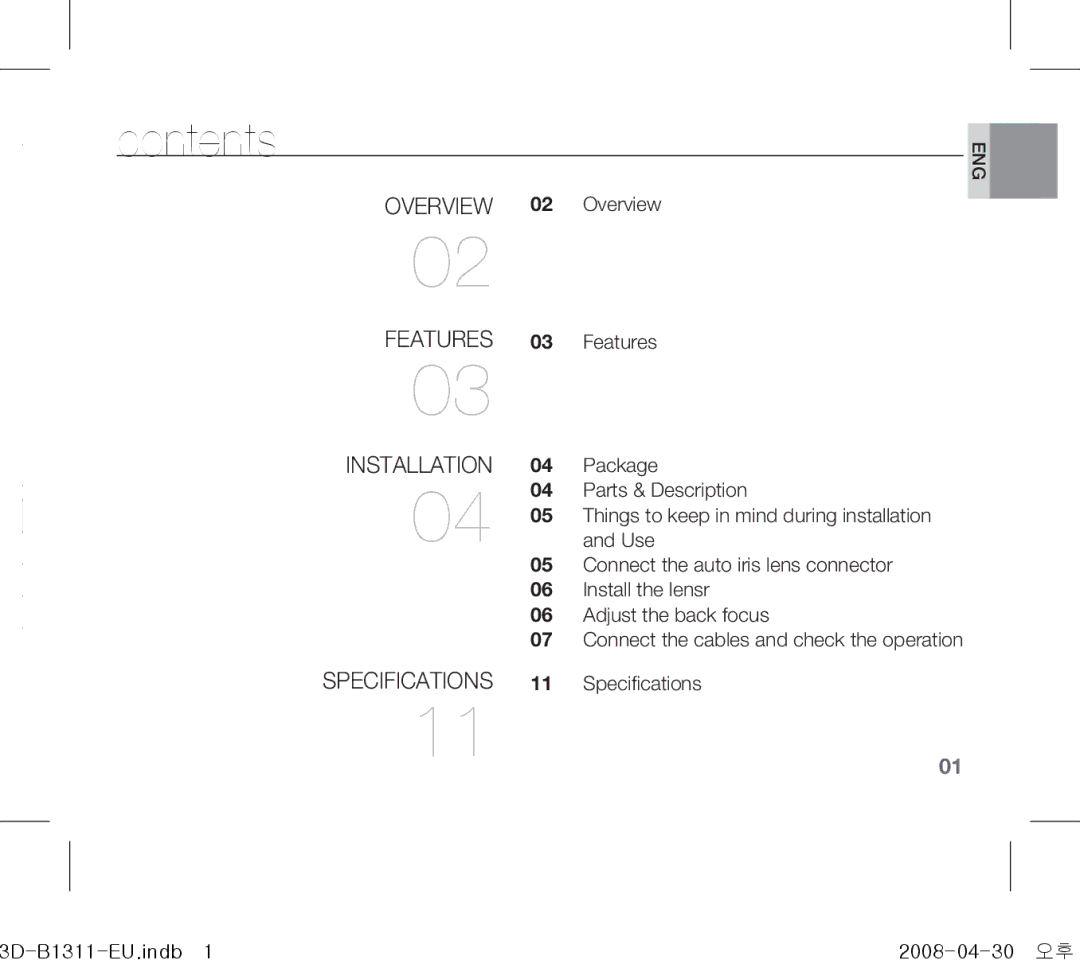 Samsung SCC-B1311P, SCC-B1331P, SCC-B1011P/TRK, SCC-B1311N manual Contents 