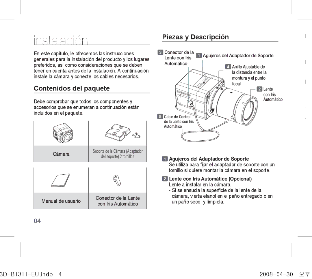 Samsung SCC-B1011P manual Instalación, Contenidos del paquete, Piezas y Descripción, Agujeros del Adaptador de Soporte 