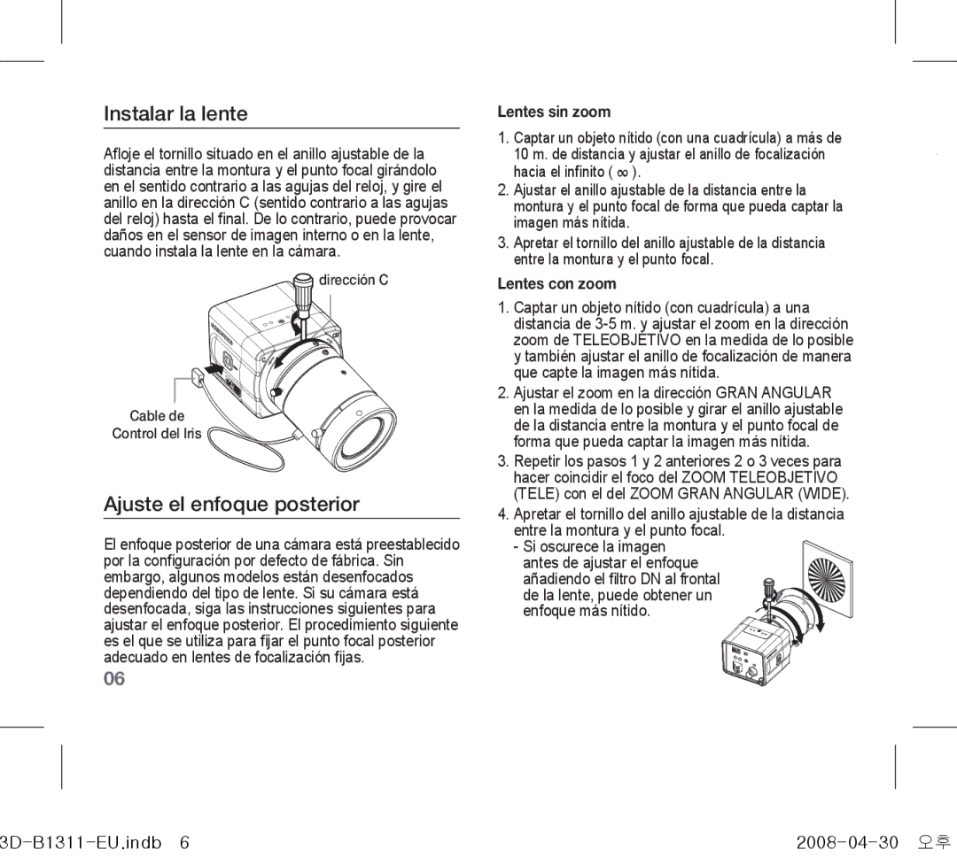 Samsung SCC-B1311P Instalar la lente, Ajuste el enfoque posterior, Dirección C Cable de Control del Iris, Lentes sin zoom 