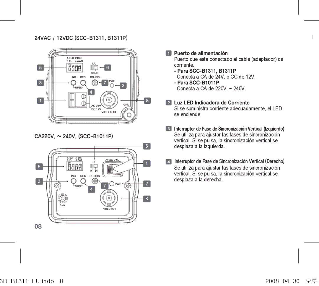 Samsung SCC-B1311N manual Puerto de alimentación, Para SCC-B1311, B1311P, Para SCC-B1011P, Luz LED Indicadora de Corriente 