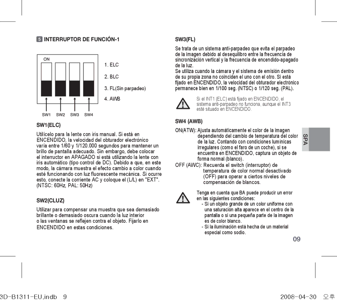 Samsung SCC-B1011P, SCC-B1331P, SCC-B1311P manual Interruptor DE FUNCIÓN-1, ELC BLC FLSin parpadeo AWB, SW2CLUZ, SW4 AWB 