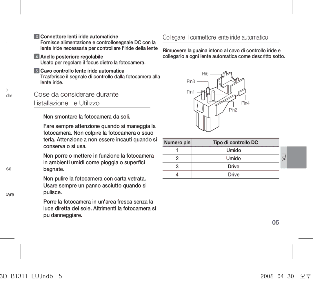 Samsung SCC-B1331P Cose da considerare durante listallazione e Utilizzo, Collegare il connettore lente iride automatico 