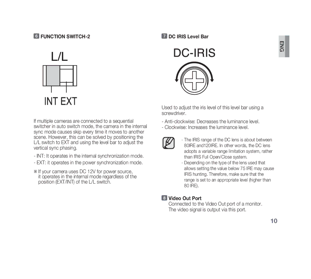 Samsung SCC-B1311P, SCC-B1331P, SCC-B1011P/TRK, SCC-B1311N manual Function SWITCH-2, DC Iris Level Bar, Video Out Port 