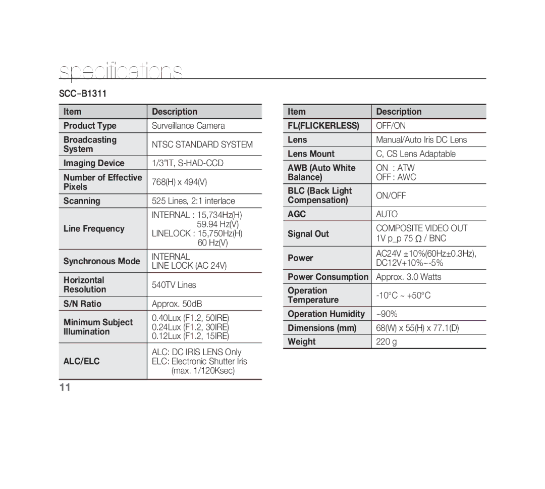 Samsung SCC-B1011P/TRK, SCC-B1331P, SCC-B1311P, SCC-B1311N manual Specifications 