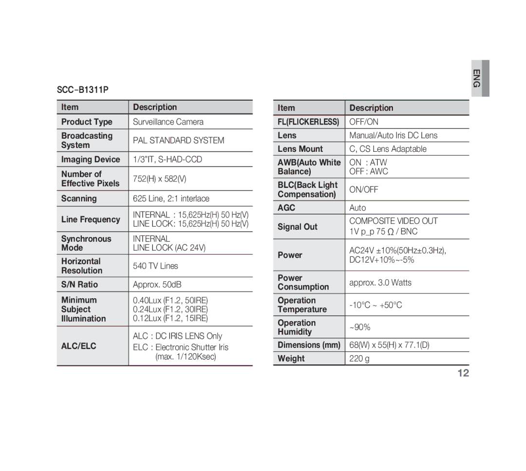 Samsung SCC-B1311N, SCC-B1011P, SCC-B1331P, SCC-B1311P manual PAL Standard System, 3IT, S-HAD-CCD, Internal, Line Lock AC, Agc 