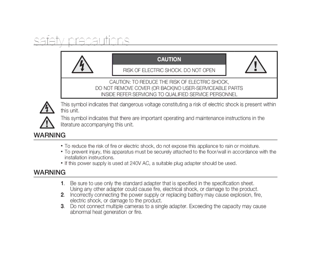 Samsung SCC-B1311P, SCC-B1331P, SCC-B1011P/TRK, SCC-B1311N manual Safety precautions 