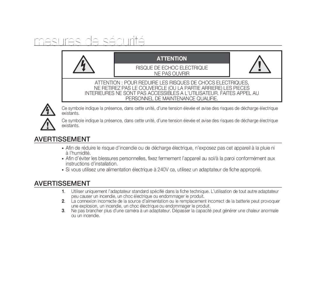 Samsung SCC-B1311P, SCC-B1331P, SCC-B1011P/TRK, SCC-B1311N manual Mesures de sécurité, Avertissement 