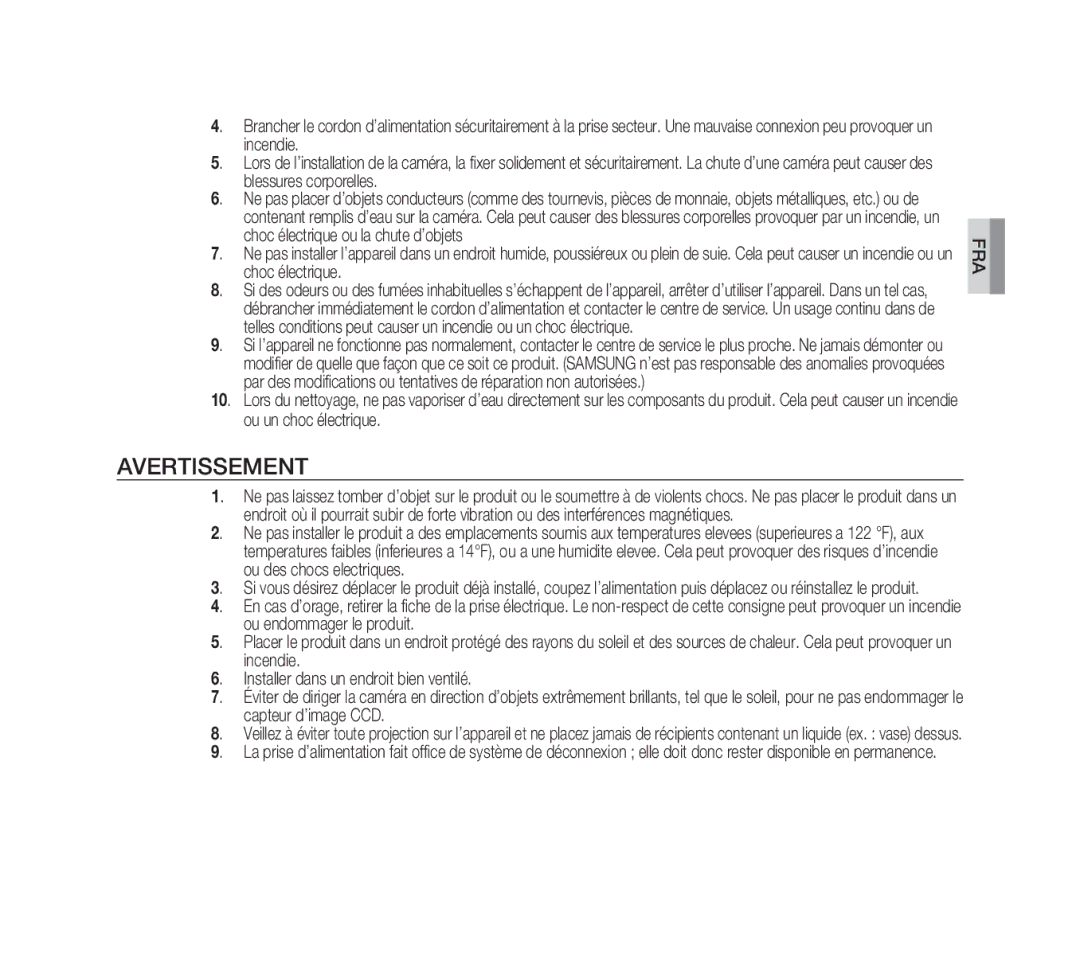 Samsung SCC-B1011P/TRK, SCC-B1331P, SCC-B1311P, SCC-B1311N manual Incendie 