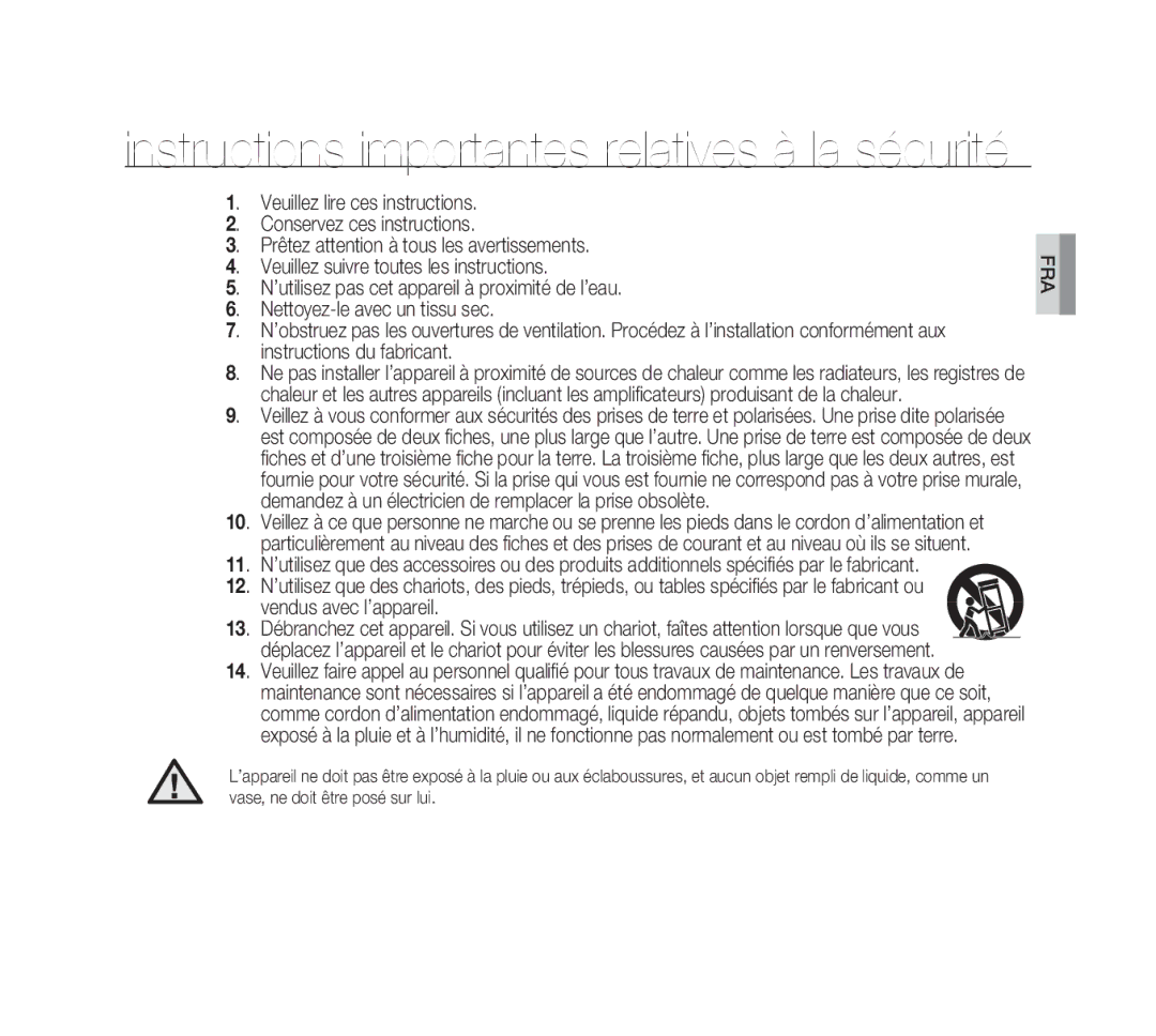 Samsung SCC-B1331P, SCC-B1311P, SCC-B1011P/TRK, SCC-B1311N manual Instructions importantes relatives à la sécurité 