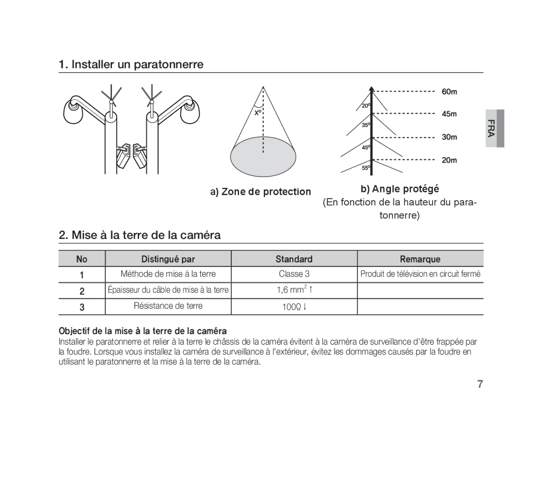 Samsung SCC-B1311P, SCC-B1331P, SCC-B1011P/TRK, SCC-B1311N manual Installer un paratonnerre, Mise à la terre de la caméra 