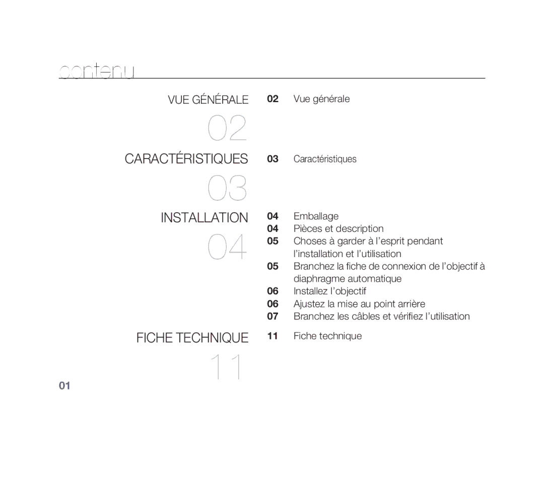 Samsung SCC-B1011P/TRK, SCC-B1331P, SCC-B1311P, SCC-B1311N manual Contenu, Vue générale 