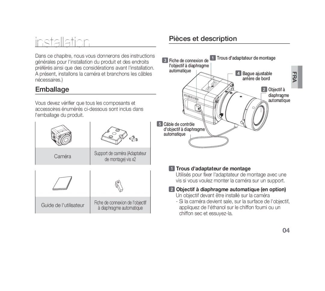 Samsung SCC-B1331P, SCC-B1311P, SCC-B1011P/TRK, SCC-B1311N Pièces et description, Emballage, Trous dadaptateur de montage 