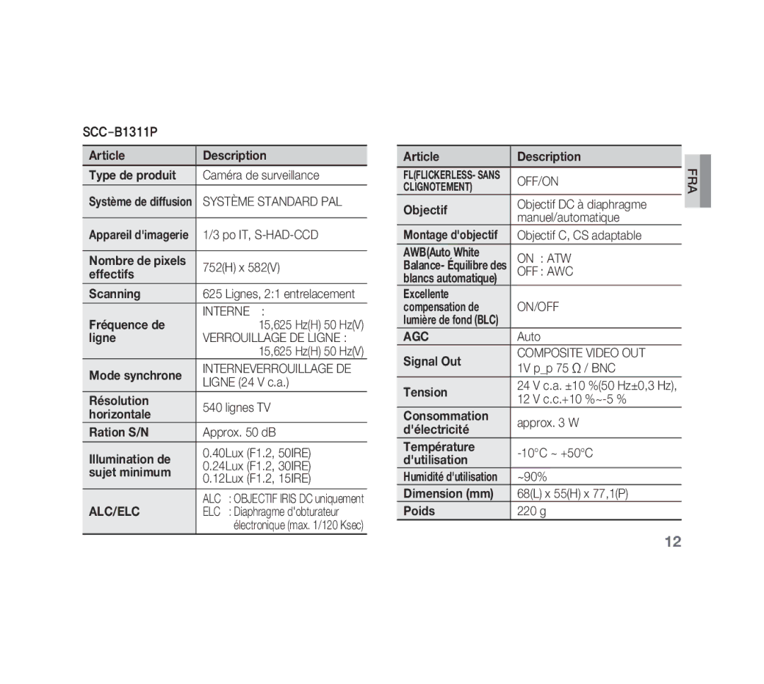 Samsung SCC-B1311N Article Description Type de produit, Fréquence de, Ligne, Résolution, Illumination de, Sujet minimum 