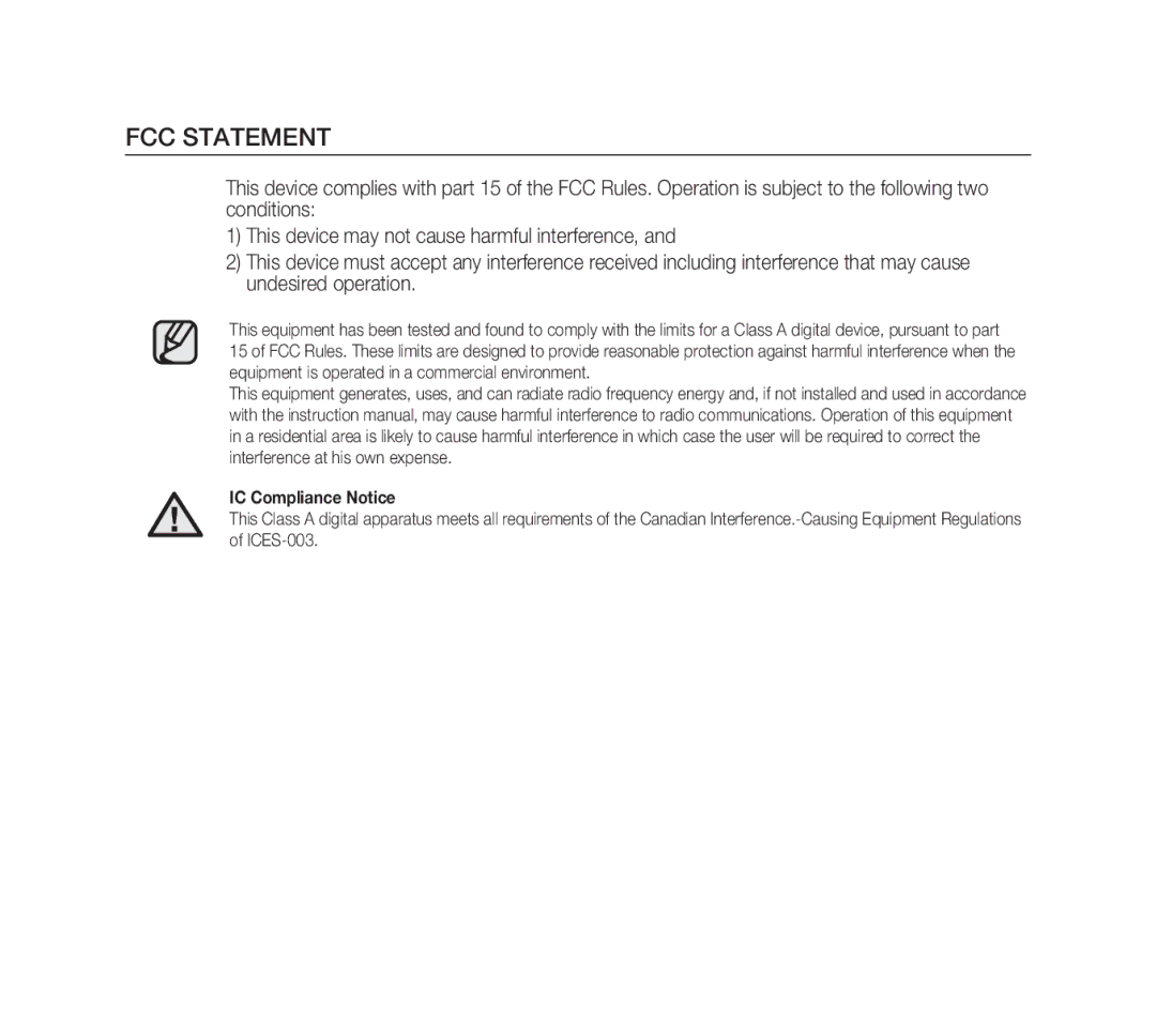 Samsung SCC-B1311N, SCC-B1331P, SCC-B1311P, SCC-B1011P/TRK manual FCC Statement, IC Compliance Notice 