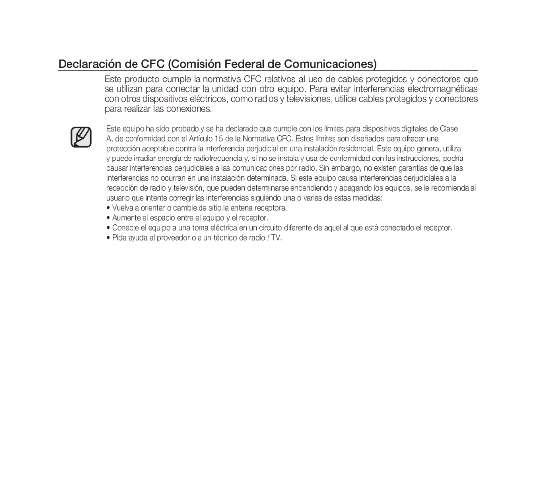 Samsung SCC-B1311N, SCC-B1331P, SCC-B1311P, SCC-B1011P/TRK manual Declaración de CFC Comisión Federal de Comunicaciones 