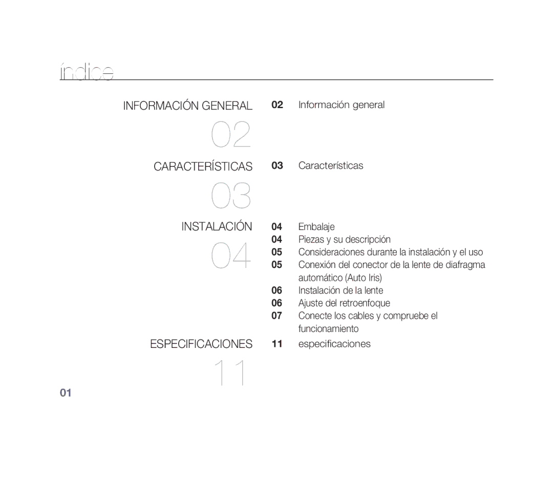 Samsung SCC-B1011P/TRK, SCC-B1331P, SCC-B1311P, SCC-B1311N manual Índice, Características, Instalación, Especificaciones 