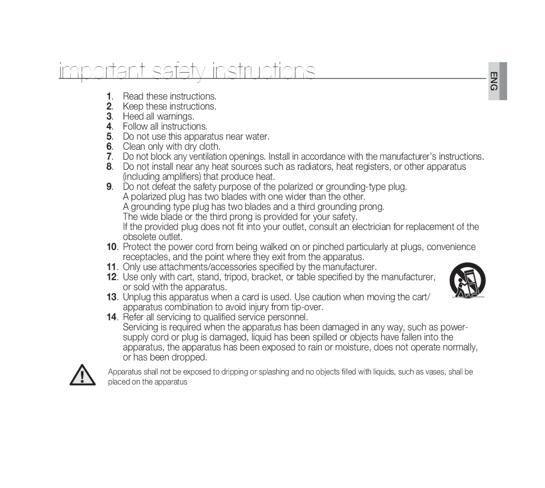 Samsung SCC-B1331P, SCC-B1311P, SCC-B1011P/TRK, SCC-B1311N manual Important safety instructions 