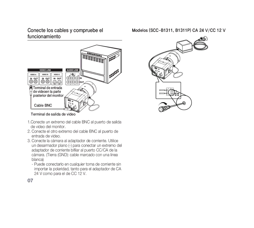 Samsung SCC-B1311N, SCC-B1331P, SCC-B1311P, SCC-B1011P/TRK manual Conecte los cables y compruebe el, Funcionamiento 