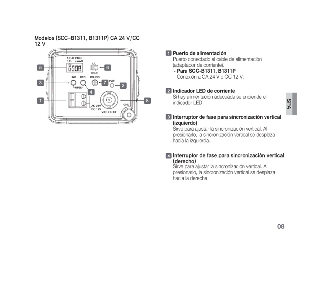 Samsung SCC-B1011P, SCC-B1331P, SCC-B1311P manual Puerto de alimentación, Para SCC-B1311, B1311P, Indicador LED de corriente 