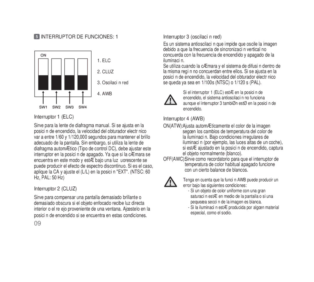 Samsung SCC-B1331P manual Interruptor DE Funciones, Interruptor 1 ELC, Interruptor 2 Cluz, Interruptor 3 oscilación red 