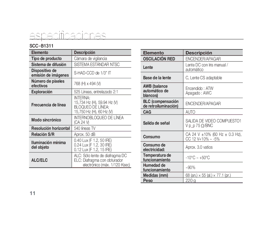 Samsung SCC-B1011P/TRK, SCC-B1331P, SCC-B1311P, SCC-B1311N manual Especificaciones, Oscilación RED ENCENDER/APAGAR, CAG Auto 