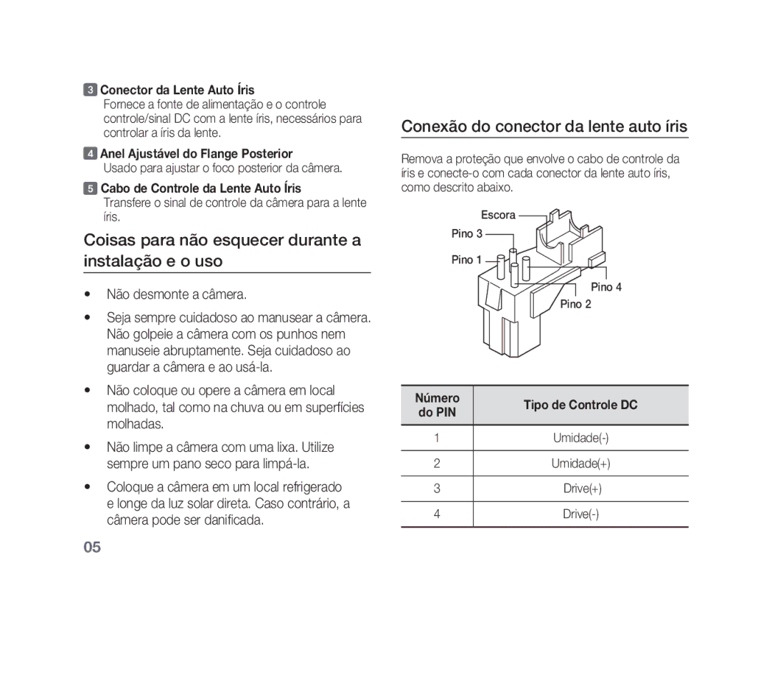 Samsung SCC-B1311P manual Coisas para não esquecer durante a instalação e o uso, Conexão do conector da lente auto íris 