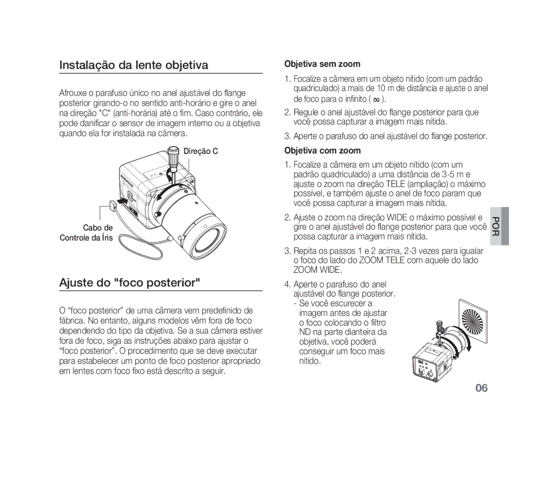 Samsung SCC-B1011P/TRK manual Instalação da lente objetiva, Ajuste do foco posterior, Objetiva sem zoom, Objetiva com zoom 