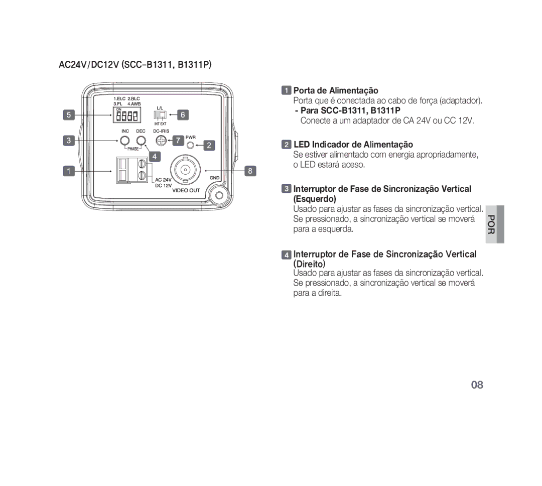 Samsung SCC-B1331P, SCC-B1311P, SCC-B1011P/TRK, SCC-B1311N manual Porta de Alimentação, LED Indicador de Alimentação 