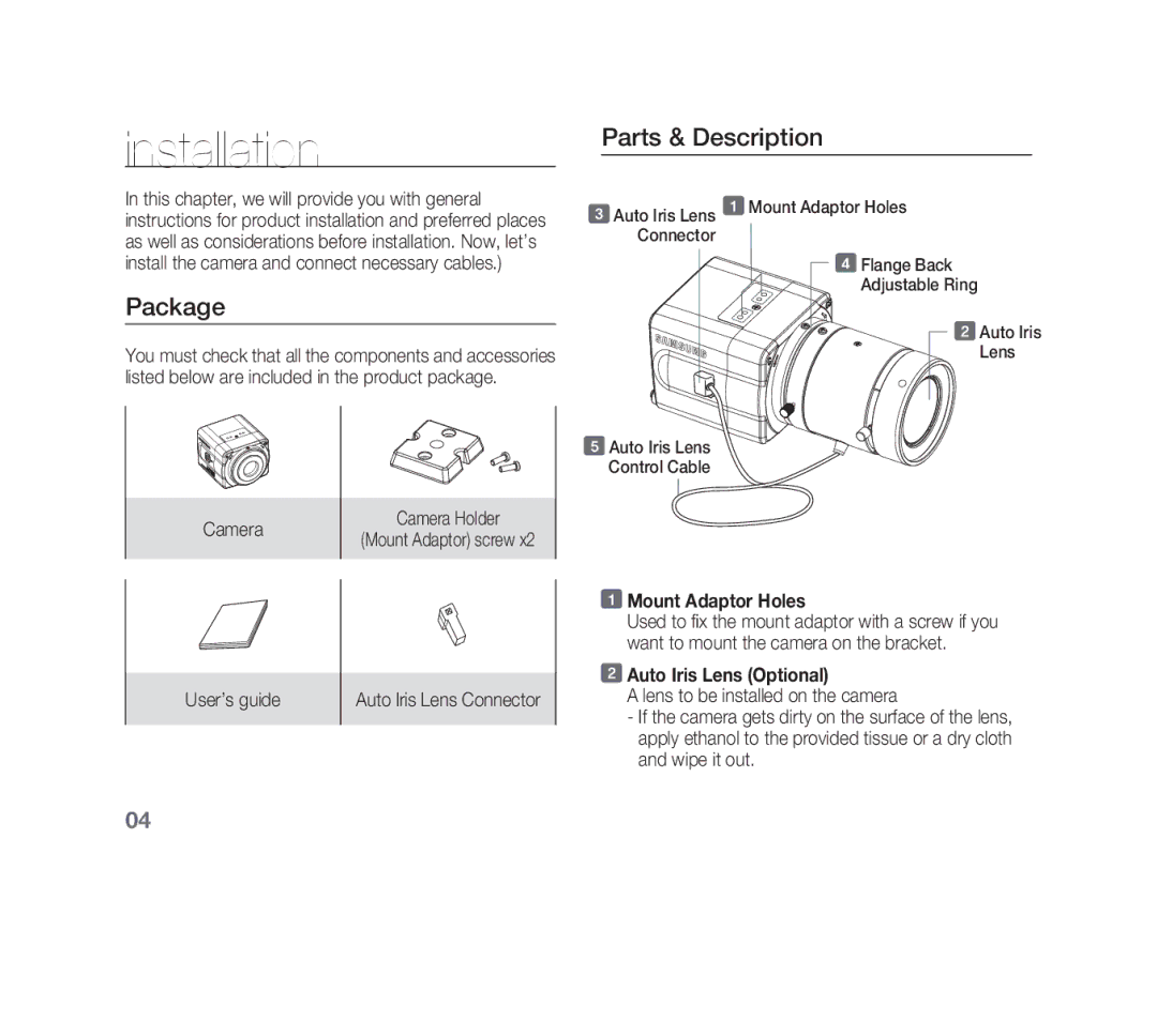 Samsung SCC-B1011P, SCC-B1331P Installation, Package, Parts & Description, Mount Adaptor Holes, Auto Iris Lens Optional 