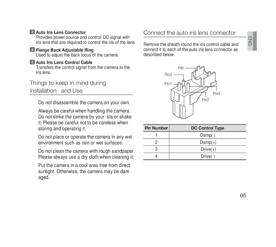 Samsung SCC-B1331P, SCC-B1011P Things to keep in mind during installation and Use, Connect the auto iris lens connector 