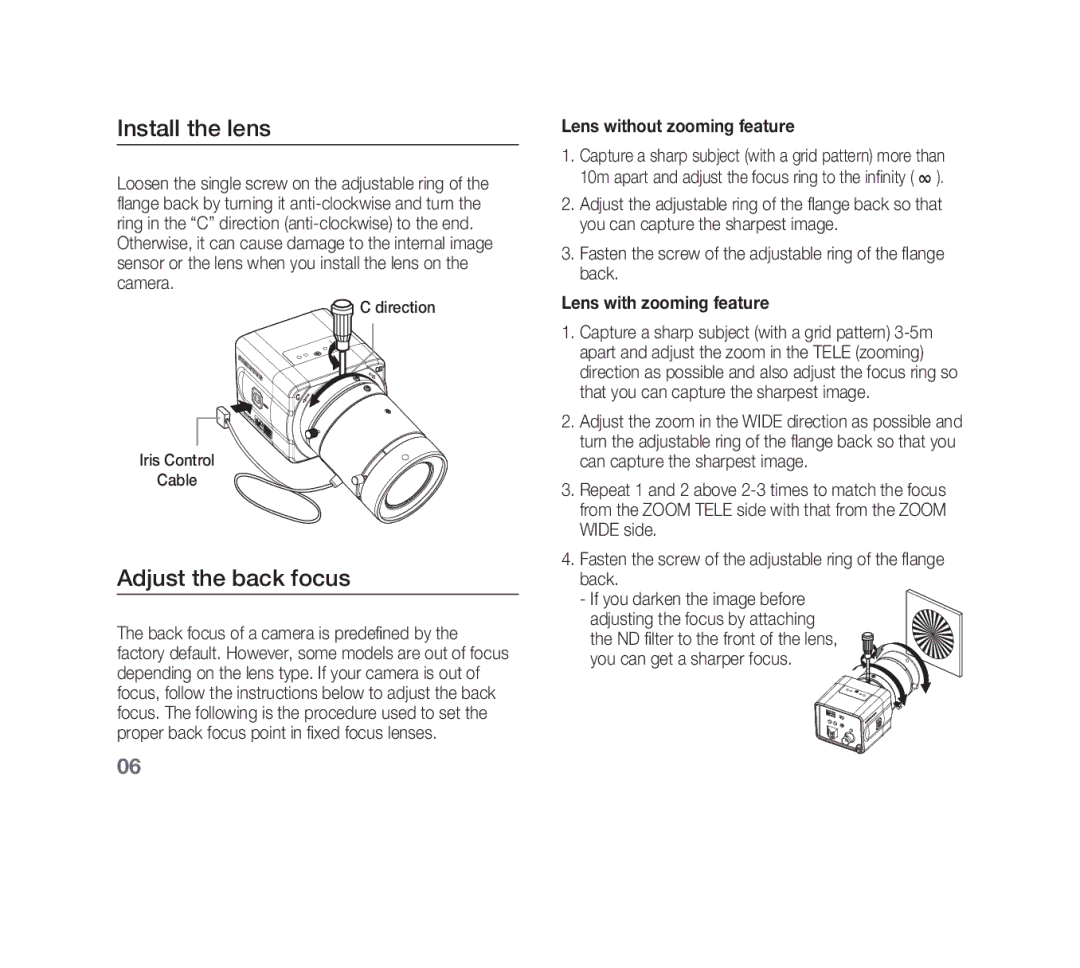 Samsung SCC-B1311P manual Install the lens, Adjust the back focus, Lens without zooming feature, Lens with zooming feature 