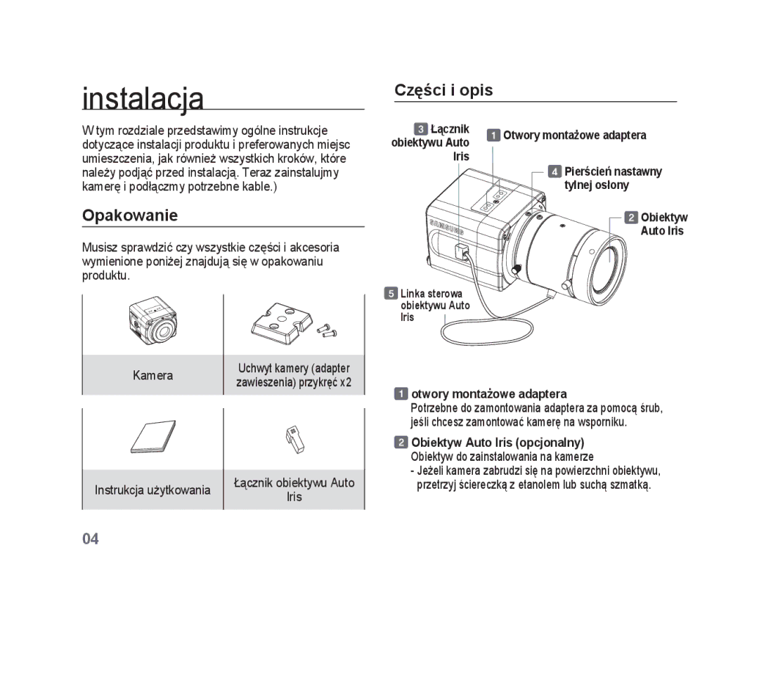 Samsung SCC-B1011P, SCC-B1331P manual Instalacja, Obiektyw Auto Iris opcjonalny, Obiektyw do zainstalowania na kamerze 