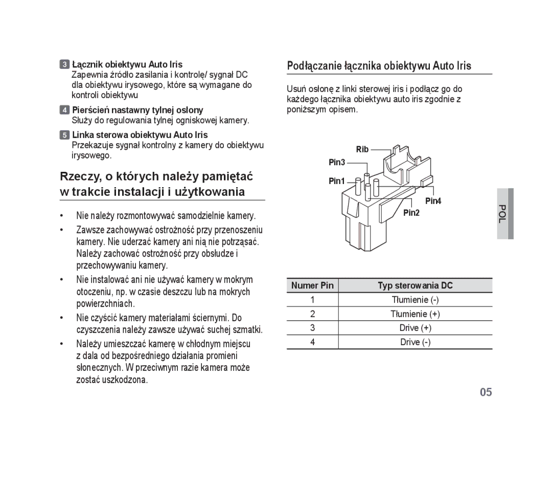 Samsung SCC-B1331P Podłączanie łącznika obiektywu Auto Iris, Łącznik obiektywu Auto Iris, Pierścień nastawny tylnej osłony 