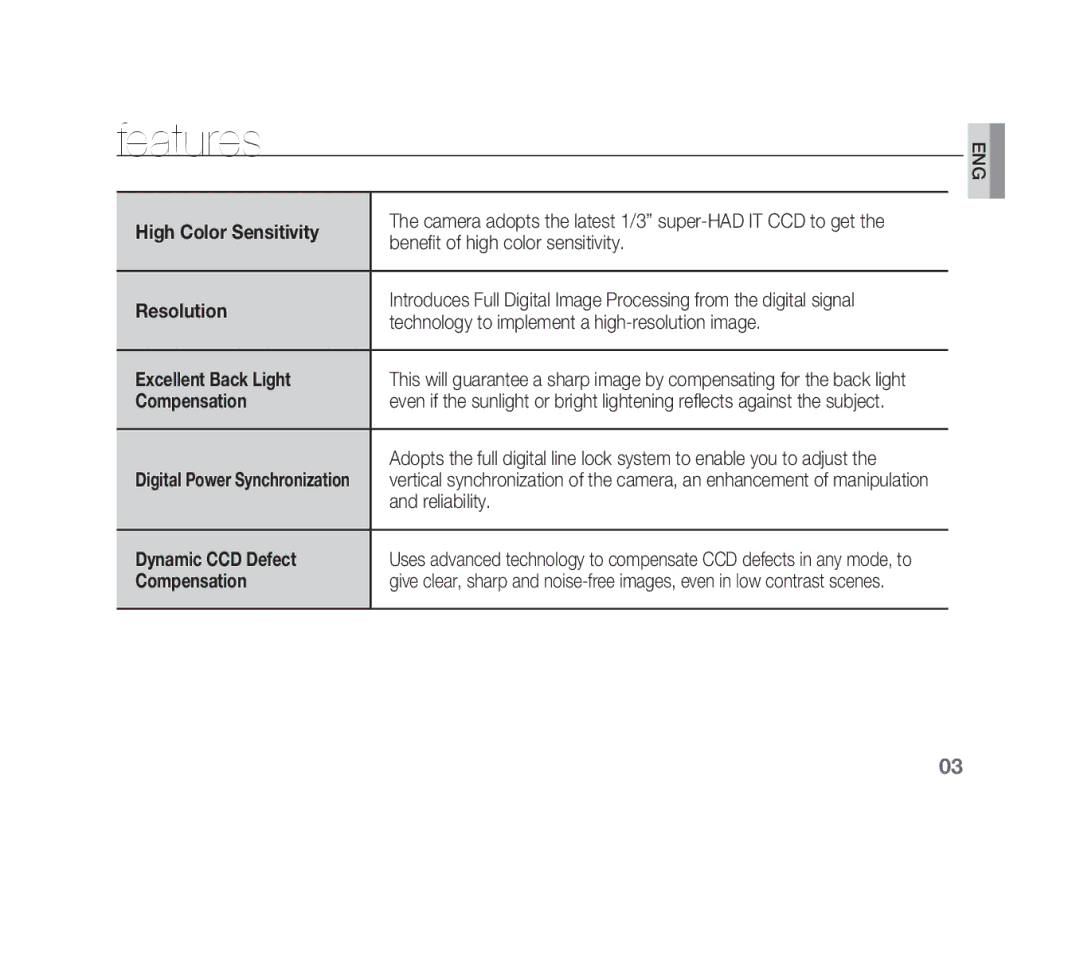 Samsung SCC-B1311N, SCC-B1331P, SCC-B1311P, SCC-B1011P/TRK manual Features 